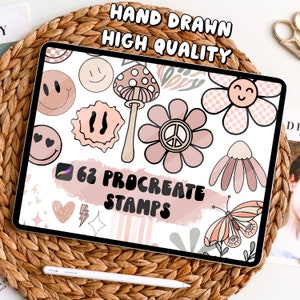 Procreate stamp bundle featuring doodle face, flower, peace and star icons on cover
