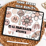 Retro Procreate Brushes, Retro Procreate Stamps, Doodle Procreate Stamps, Face Stamp, Star Stamp, Peace Sign Stamp, Flower Procreate Stamps