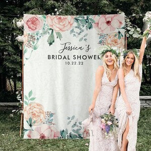Bridal shower photo backdrop with watercolor roses, greenery, and center text