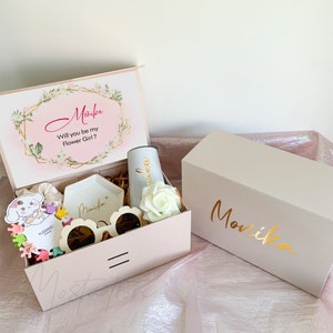 Blush flower girl proposal gift box set with hair accessories, hinged gift tray