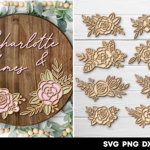 Floral rose SVG sign cut-out bundle with wreath-style and decorative flower pieces