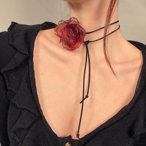 Handmade Phantom organza flower choker necklace with red layered bloom and black ties
