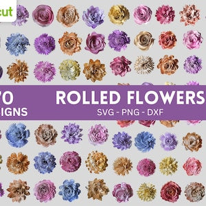 Rolled flower digital paper pack with multiple SVG-style rolled blooms in assorted colors