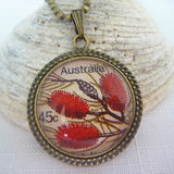 Bottlebrush Pendant Necklace Bronze Glass dome cabochon jewellery jewelry Australian handmade postage stamp flower red free delivery flora