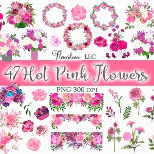 47 Hot Pink Flowers PNG, Watercolor Floral Clipart Bundle Includes Bouquets, Wreaths, Drops, Stems and Elements, Small Commercial Use