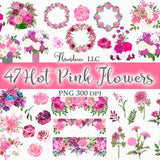 47 Hot Pink Flowers PNG, Watercolor Floral Clipart Bundle Includes Bouquets, Wreaths, Drops, Stems and Elements, Small Commercial Use