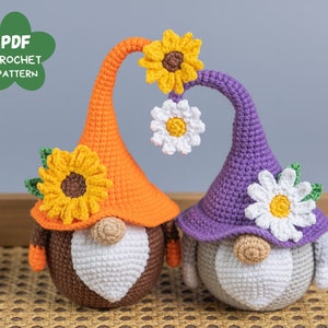 Crochet patterns Sunflower & Daisy Gnome, Crochet plant pattern, Garden Gnome amigurumi pattern, Crochet flower pattern, Crochet home decor