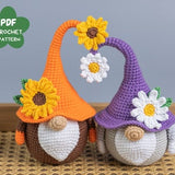 Crochet patterns Sunflower & Daisy Gnome, Crochet plant pattern, Garden Gnome amigurumi pattern, Crochet flower pattern, Crochet home decor