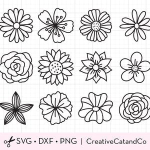 Single Flower Outline Svg, Spring Flower Doodles Bundle, Coloring, Line Art, Rose, Sunflower Daisy Hibiscus Peony, Svg Dxf Cut File Clipart