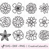 Single Flower Outline Svg, Spring Flower Doodles Bundle, Coloring, Line Art, Rose, Sunflower Daisy Hibiscus Peony, Svg Dxf Cut File Clipart