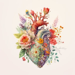 Anatomical heart and lungs wall art print with colorful floral accents
