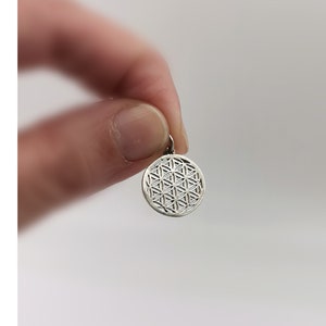 925 silver round flower of life charm pendant, engraved pattern with loop bail