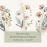 16 Watercolor Wildflowers Clipart, PNG, Flowers Clipart, Floral Bouquet Illustration, Wild Flowers, Wall Art, Wedding invite, Commercial Use