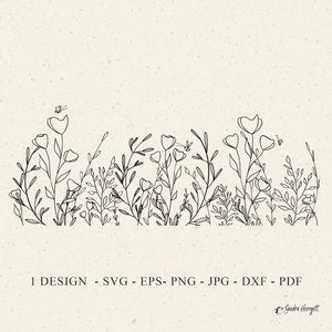 Floral meadow plotter file with black line-art leaves and small flower silhouettes