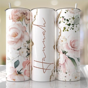 Pink floral tumbler wrap with gold script and green leaf accents