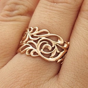 Rose gold cut-out filigree floral wide band ring, detailed scroll design