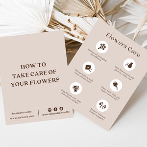 Floral care card template with “How to take care of your flowers” heading and care icons