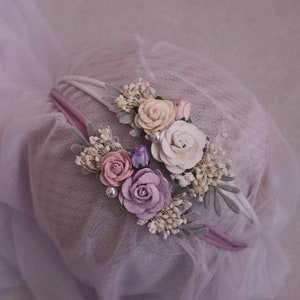 Baby girl flower headband with lilac and white roses, soft lavender fabric base