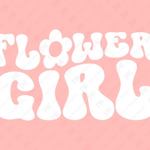 White wavy retro 'FLOWER GIRL' lettering with hearts and flower icons