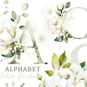 Herbal alphabet clipart with green leaves and white roses, wedding letter A