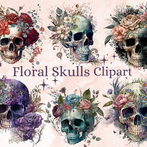 Watercolor floral skull clipart bundle with three skulls in floral arrangements