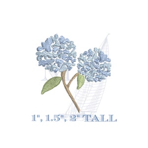 Hydrangea embroidery design—blue mini flower with green leaves, 3 sizes (1–2 in tall)