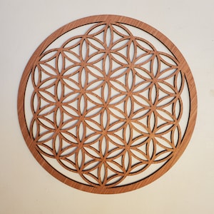 Wooden circular Flower of Life wall decor, laser-cut sacred geometry pattern