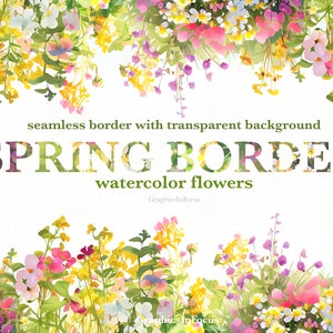 Watercolor spring flowers seamless border with mixed blooms and leaves, PNG clipart