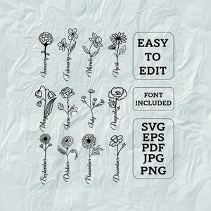 Black line-art wildflower botanical SVG clipart bundle, editable flower set