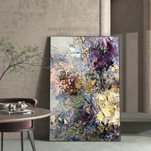 Large abstract floral textured oil painting on canvas with vivid purple, yellow, and blue tones