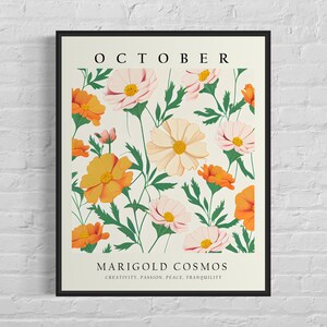 October flowers art print with marigold and cosmos blooms, green stems, framed wall poster