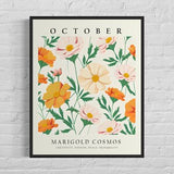 October Flower Month Art Print, Month Flower Market Poster, Marigold Cosmos 1960's Wall Art , Neutral Pastel Artwork