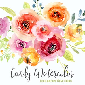 Watercolor floral rose clipart with pink blush and orange flowers, soft leaves