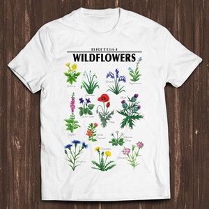 White crew-neck T-shirt with colorful wildflower bouquet graphic on front