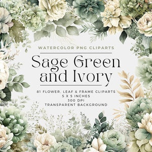 Watercolor floral clipart set with sage green and ivory flowers and leaves