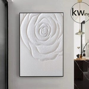 Large white framed canvas wall art with raised 3D rose flower texture relief