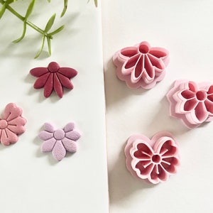 Flower-shaped polymer clay cutters, pink embossed petal design for charms and earrings
