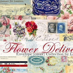 Vintage flower-themed envelope covers with stamps and script designs for junk journals