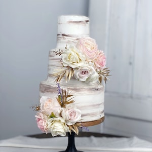 Floral wedding cake topper set with dusty pink and cream rose blooms