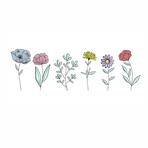 Wildflower machine embroidery design, pastel floral stems and blooms set of five sizes