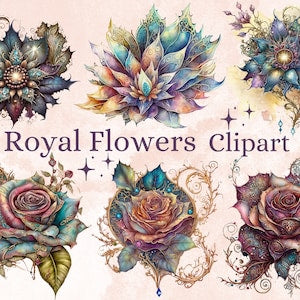 Watercolor fantasy flower clipart bundle with jeweled roses and ornate floral elements
