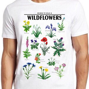 White crewneck T-shirt with colorful botanical wildflower graphic on chest