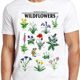 White crewneck T-shirt with colorful botanical wildflower graphic on chest