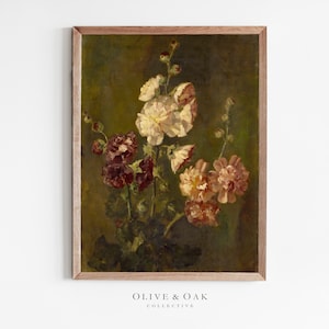 Vintage floral print in wooden frame, layered flowers on dark green background