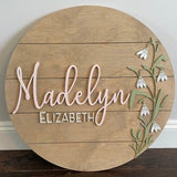 round snowdrop name sign | floral shiplap | baby name sign for nursery or shower decor flowers | birth flower snow drops