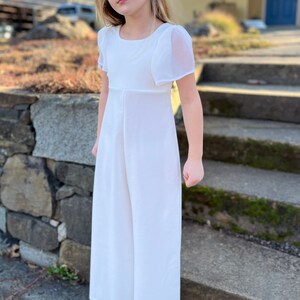 Girls white chiffon wide-leg jumpsuit with short puff sleeves for communion events