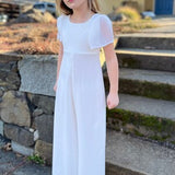 Girls white chiffon wide-leg jumpsuit with short puff sleeves for communion events