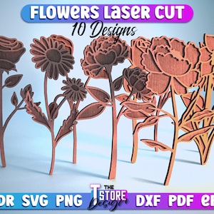 Laser-cut flower SVG bundle, copper-brown floral designs with layered stems