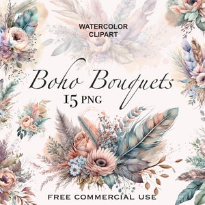 Watercolor boho floral bouquet clipart with feathers, leaves, and pastel flowers
