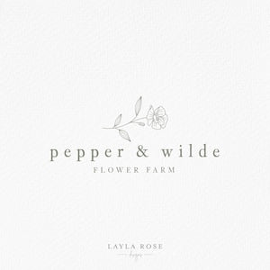 Botanical flower farm logo with line-art flower and leaves; 'pepper & wilde'